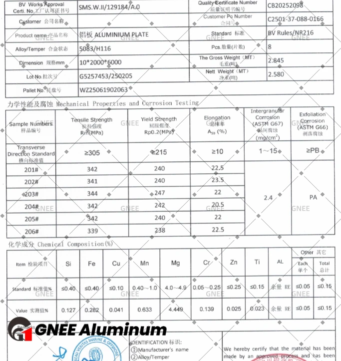 5083 h116 Aluminum Plate BV 10x2000x6000mm MTC 5083 h116 Aluminum Plate BV 10x2000x6000mm MTC
