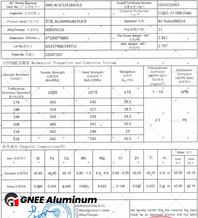 5083 H116 BV NR216 4x2000x6000 5083 H116 BV NR216 4x2000x6000